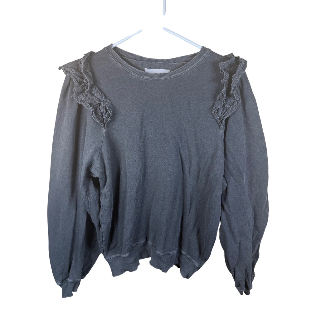 The Great Eyelet Pleat Sleeve Sweatshirt Women SM Gray Ruffle Shoulder Grunge